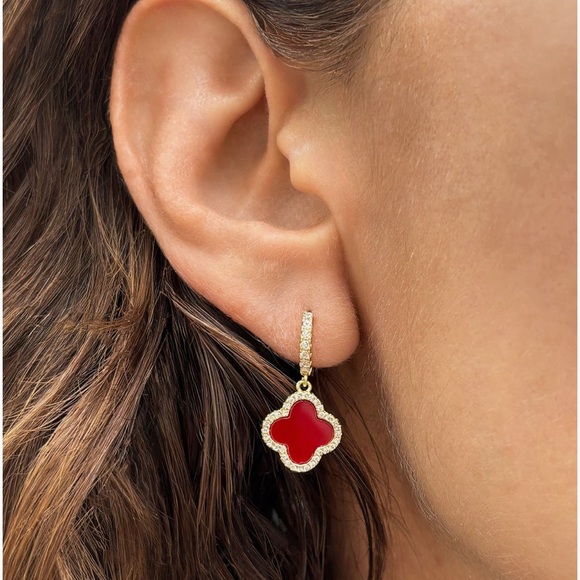 Glamorous Gold and Red Clover Earrings - Picture 2 of 4